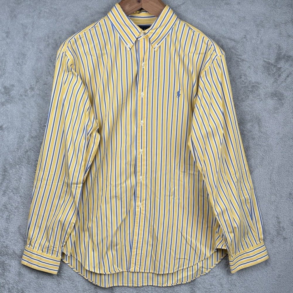 Ralph Lauren Shirt‎ Mens XL Yellow Blue Pinstripe Button Up Classic Fit Preppy